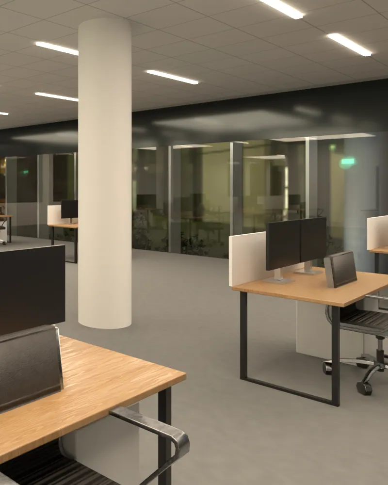Modell eines Reinigungswagens im Großraumbüro, nachts im warmen Arbeitslicht.