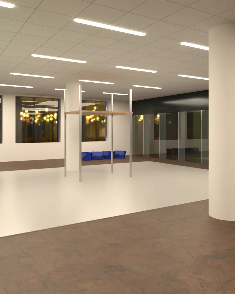 Modell: frisch ausgebaute Etage mit Leiter, Rollgerüst und Schutzfolie.