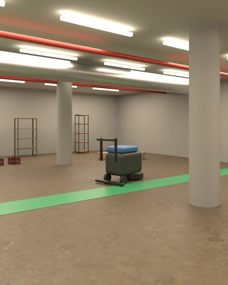 Modell: Tiefgarage mit geparkten Autos und einer Kehrsaugmaschine.